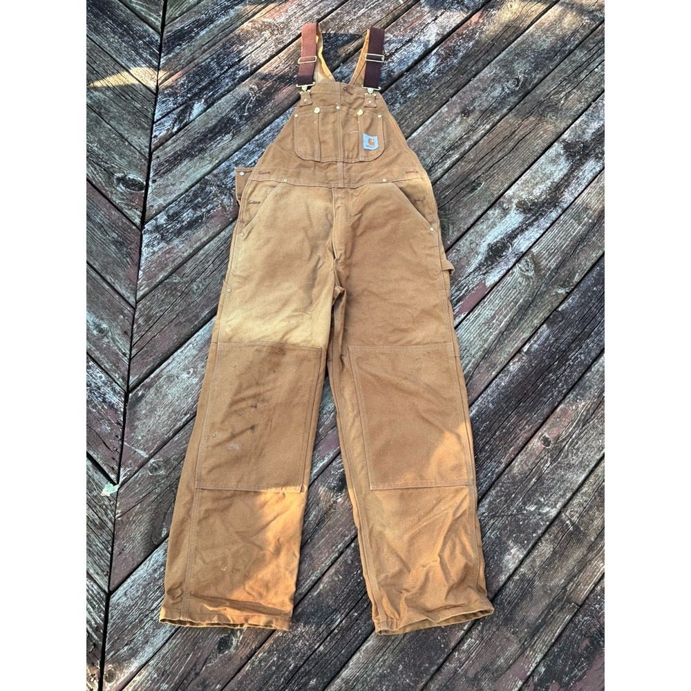 Carhartt Bib Overalls Mens 36x30 Workwear Brown Canvas R01 BRN Carpenter Faded